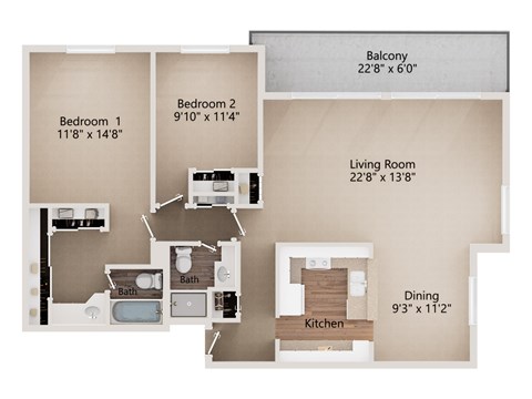 Floor plan for 2 beds, 2 baths, 1173 sqft